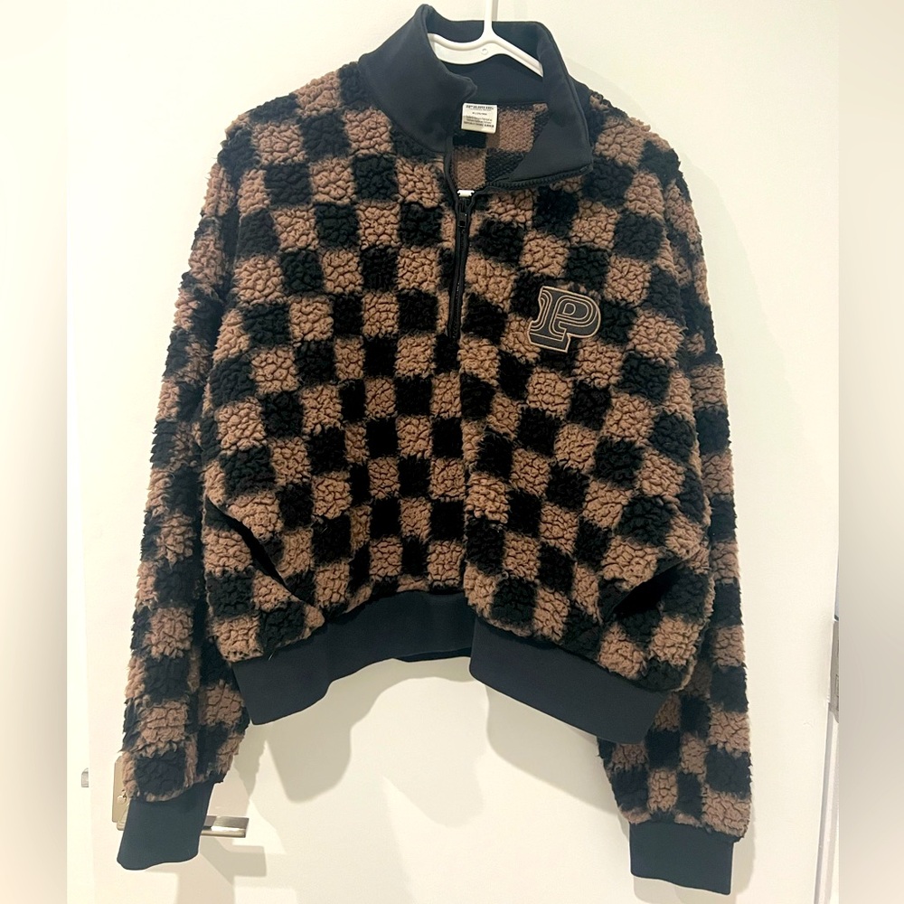 PINK Checkered Black and Brown Fleece Pullover